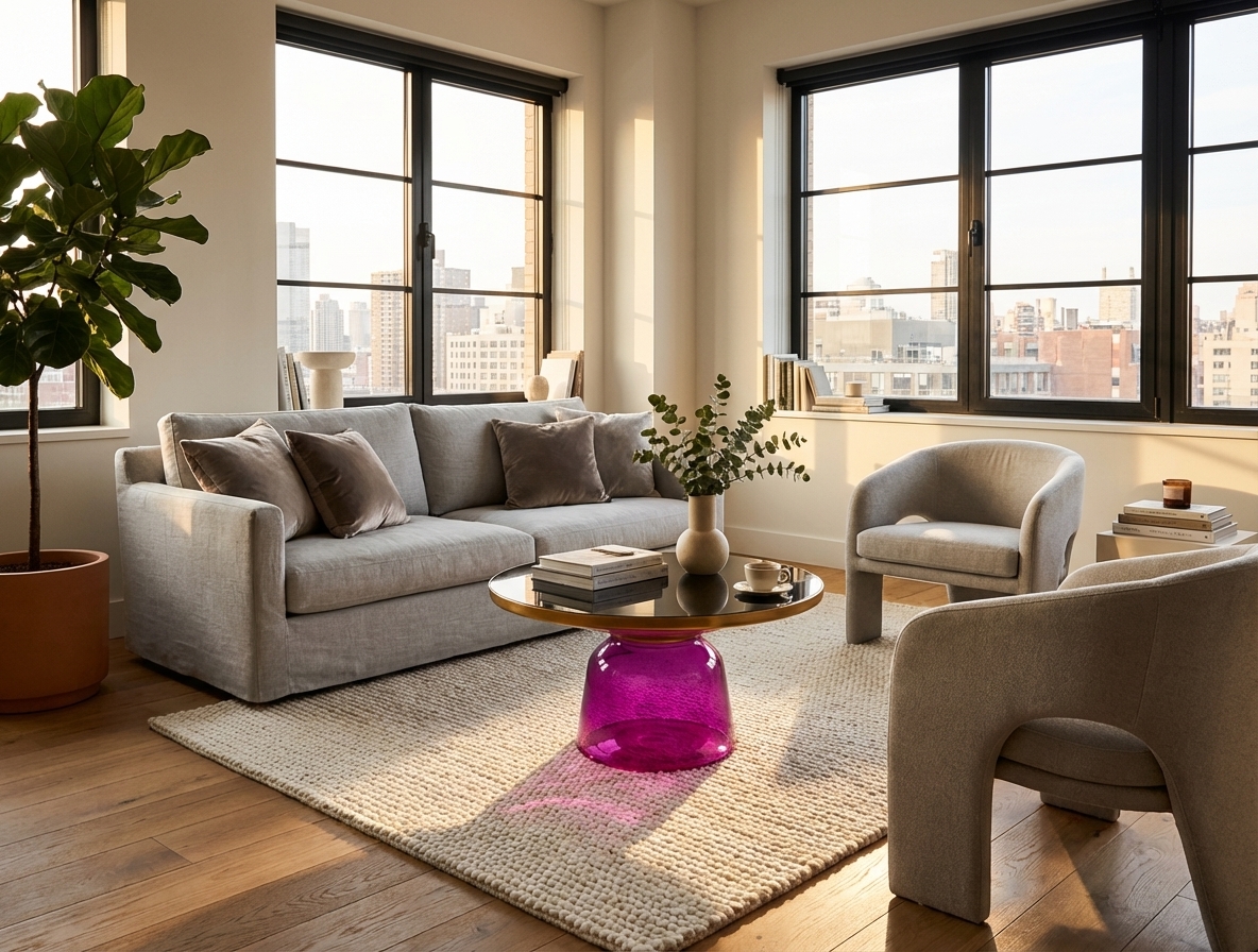Bell Coffee Table Large in Violet glass with brass top in a stylish living room