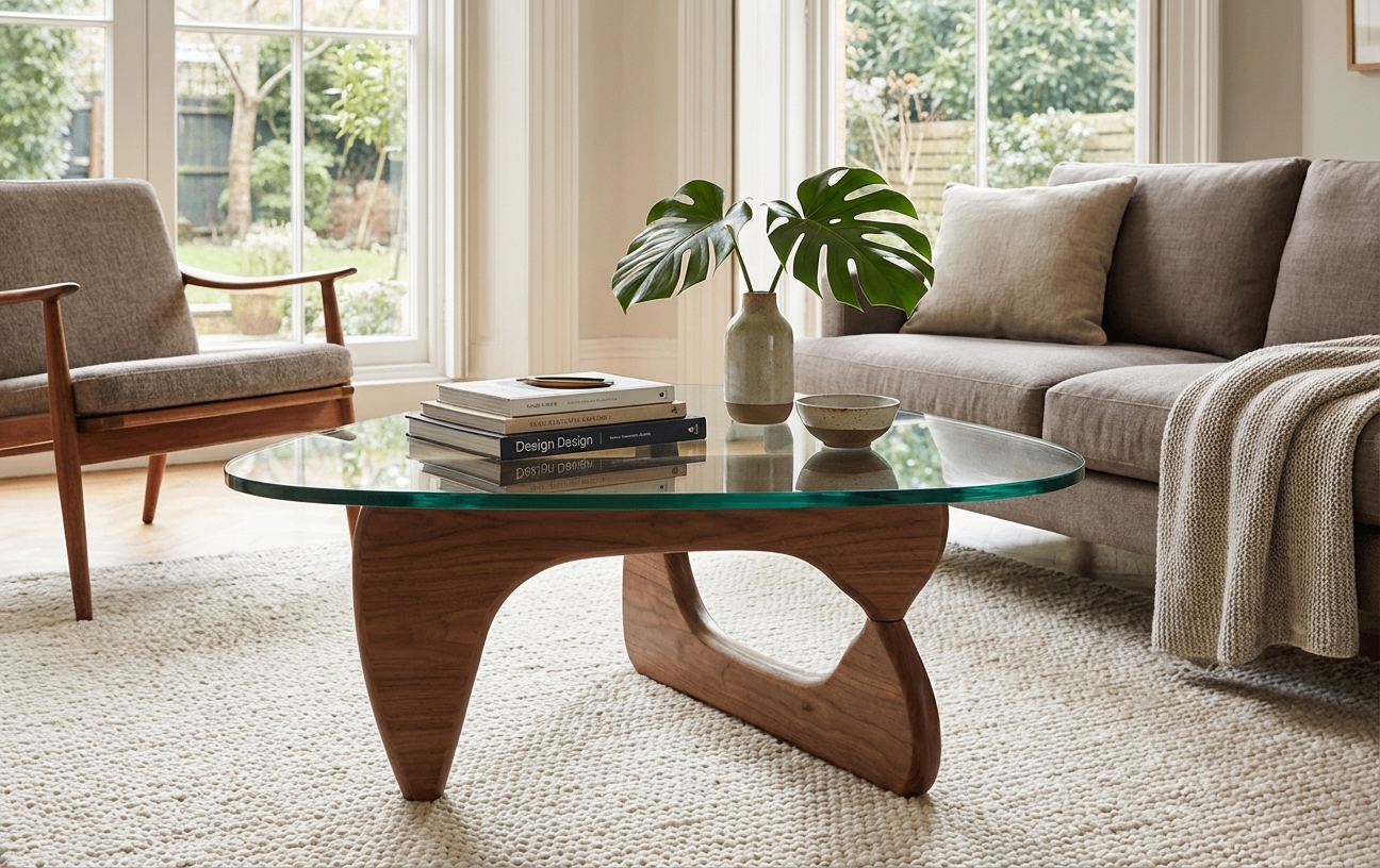 Sculptural wood base of Noguchi cocktail table with glass top