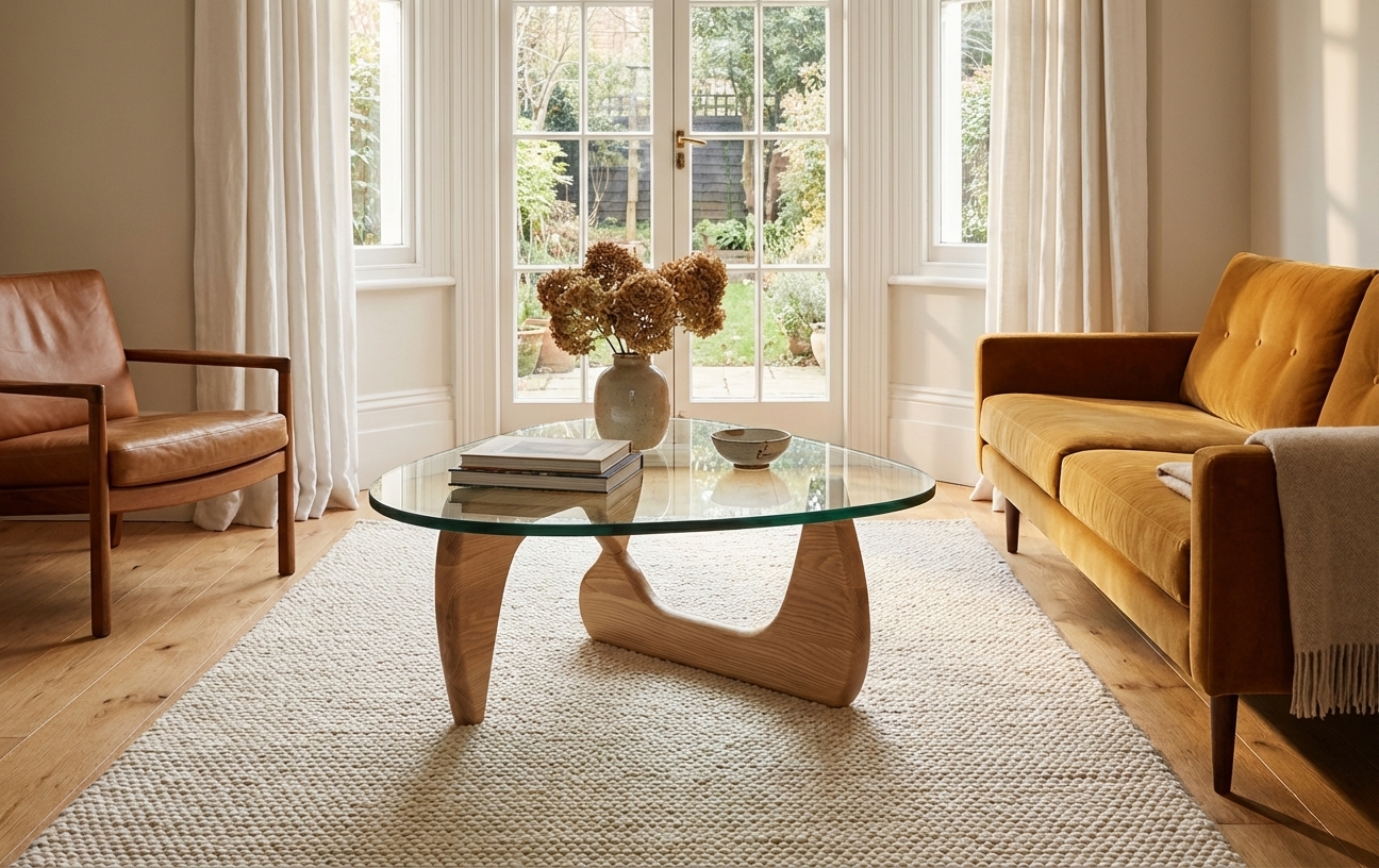 Glass and wood Noguchi coffee table in modern British home