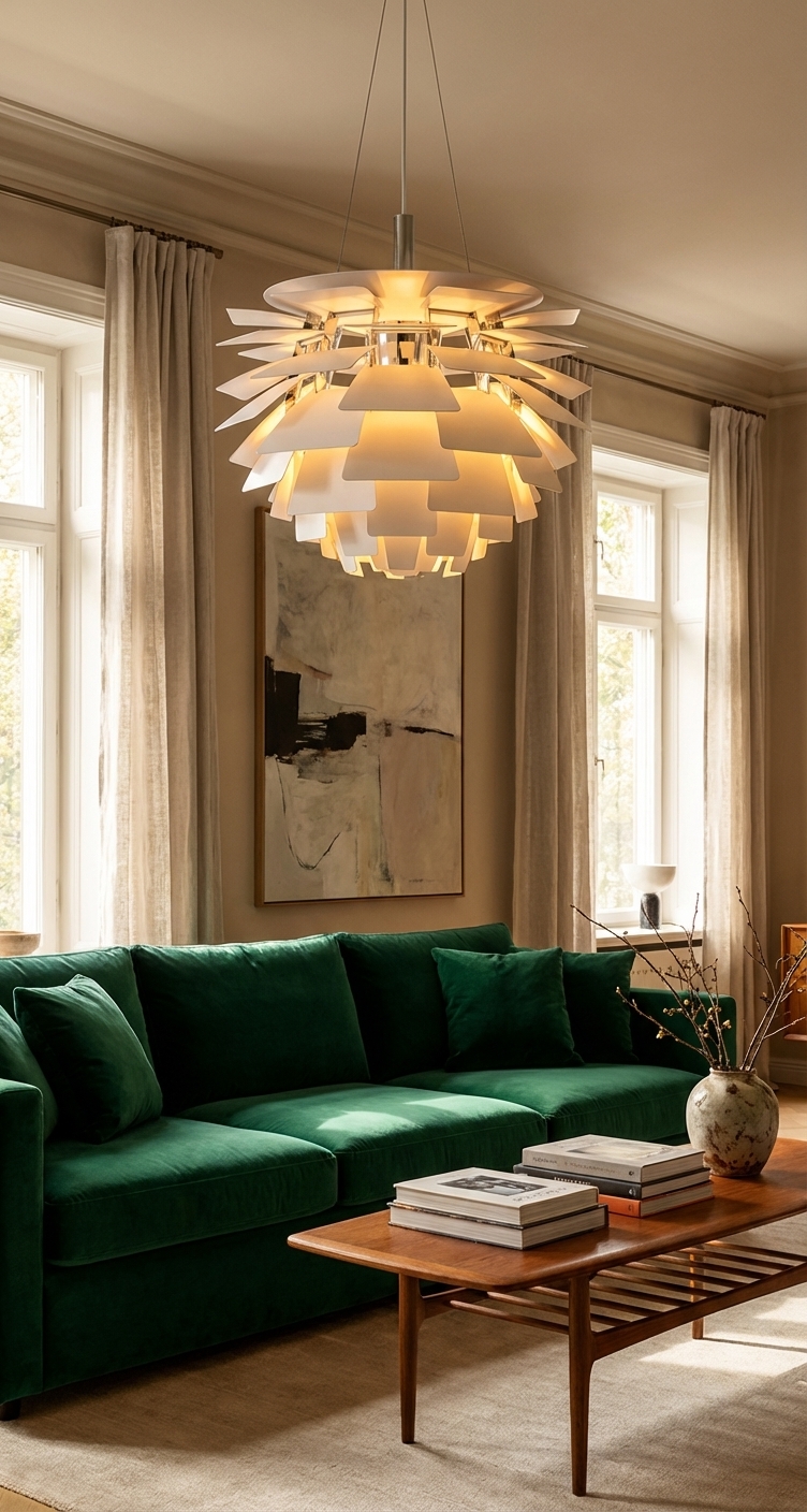 artichoke lights with wooden chairs and white table