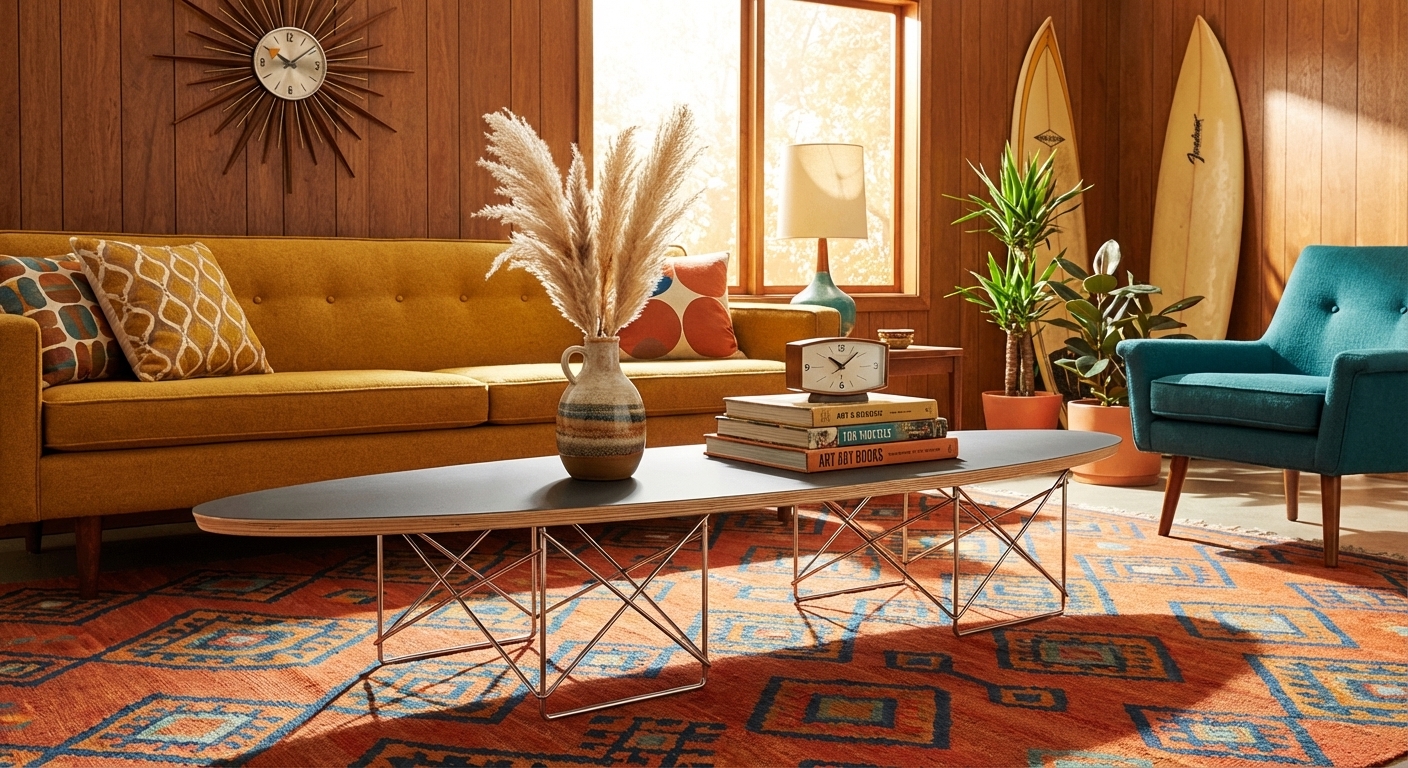 Surfboard coffee table with mid-century decor in British home
