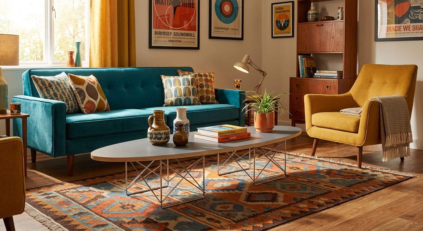 Retro living room with surfboard coffee table and vintage accents