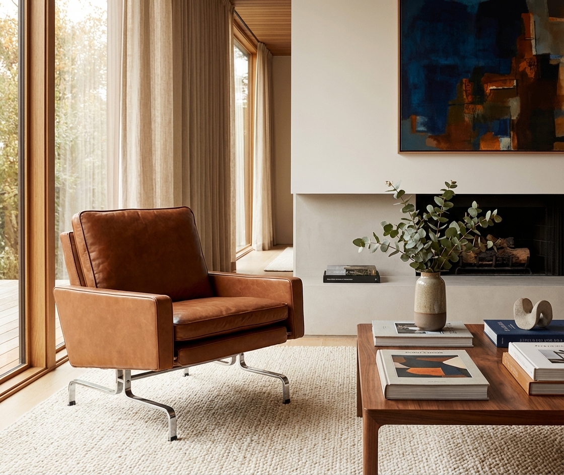 modern chair styled in UK living room with neutral decor