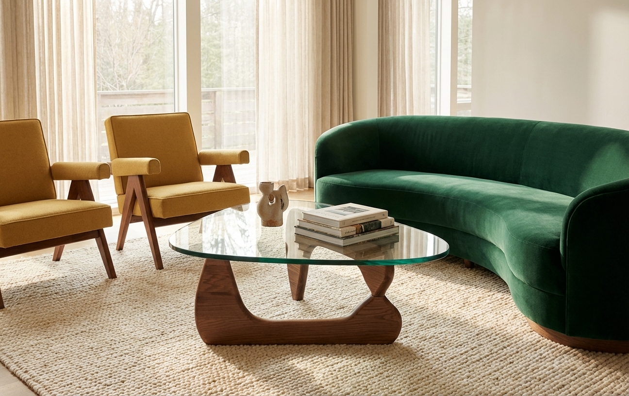 Detail of Noguchi-style coffee table base in walnut finish